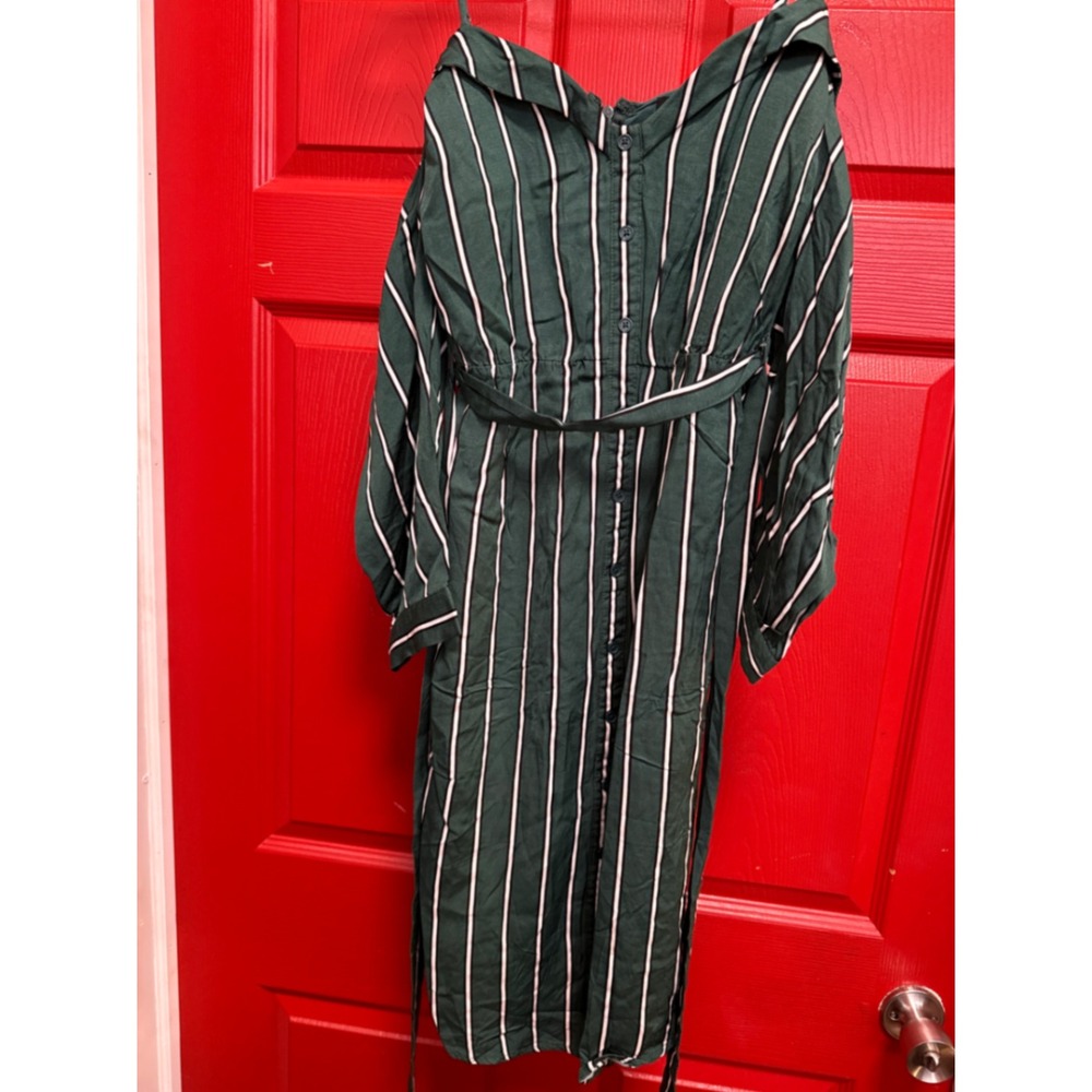 Bardot Green Striped Off Shoulder Midi Dress Button Front Tie Waist Size 8 M